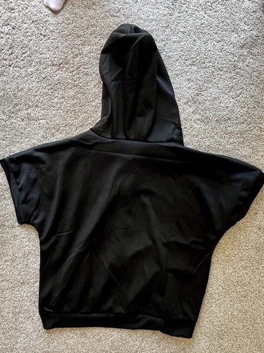 Short Sleeve Full Zip Up Hoodie Hooded Sweatshirt Polyester ~ Black L (12-14) - Picture 4 of 11