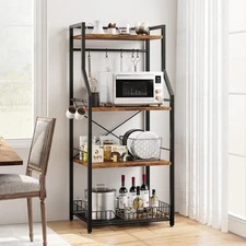 Bakers Rack Microwave Stand with Wire Basket Industrial Coffee Bar Station