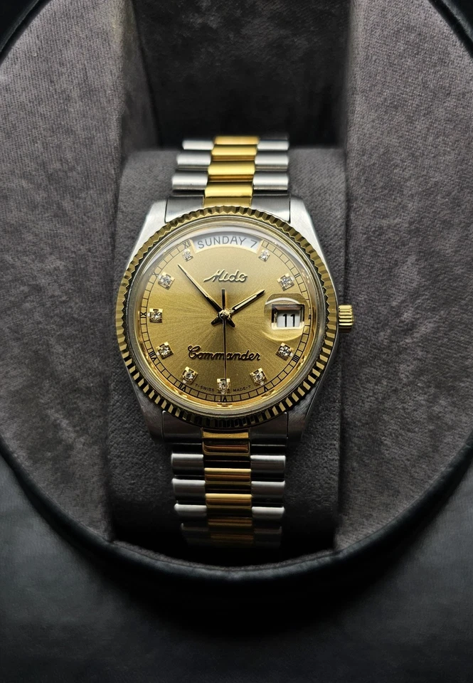 Reloj Automático Vintage Mido Años 80 Commander Día-Fecha Dos Tonos Esfera Diamante  Foto 2 de 4