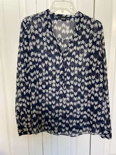 a.n.a A New Approach Women’s Tunic Blouse Size L Geometric Pattern Navy Blue