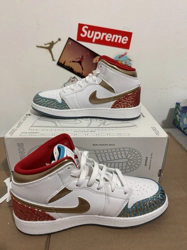 FB2212 100 Nike Air Jordan 1 Mid NC To Chicago bambino taglia 4 5 anni ma senza coperchio