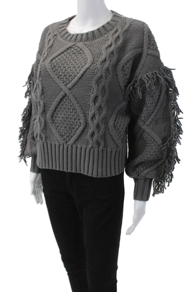 Suéter Pullover Line And Dot Mujer Cuello Redondo Mangas Largas Flecos Gris Talla XS Foto 2 de 4