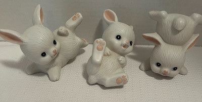 Homco White Ceramic Tumbling Bunny Rabbit Figurines #1454 Philippines Excellent
