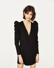 Zara puff sleeve black denim mini dress size XS stretch back zip through gothic
