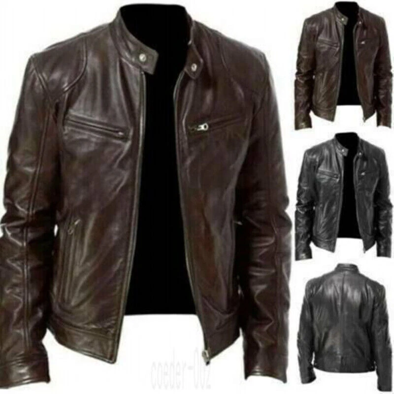 Men Vintage Cafe Racer Black Brown Leather Casual Slim Fit Real Biker Jackets
