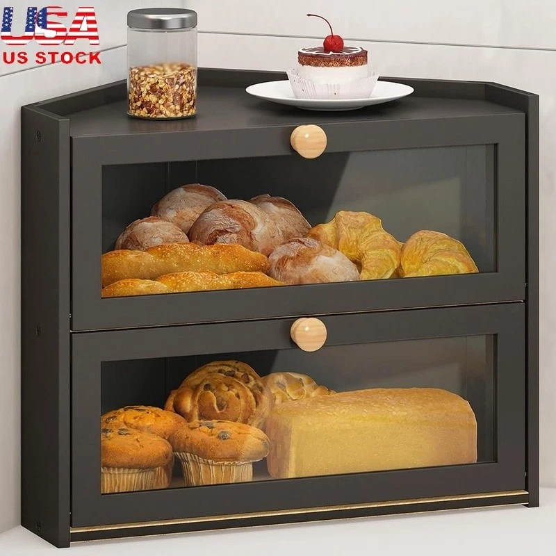 Large Capacity Corner Bread Box Eco-Friendly Bamboo Kitchen Storage Container US