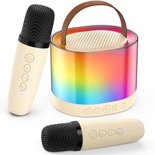 Portable Mini Karaoke Machine Bluetooth Speaker 2 Wireless Mics Color Lights