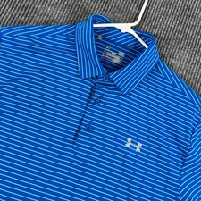 Under Armour Polo Shirt Mens Large Blue Striped Short Sleeve Loose Fit Heat Gear