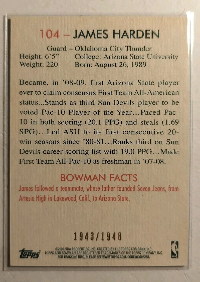 Bowman James Harden 48 Blue Rookie RC #1943/1948 Thunder 2009-10 Foto 4 de 4
