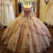 Champagne Quinceanera Dresses Off Shoulder Floral Applique Embroidery Ball Gown