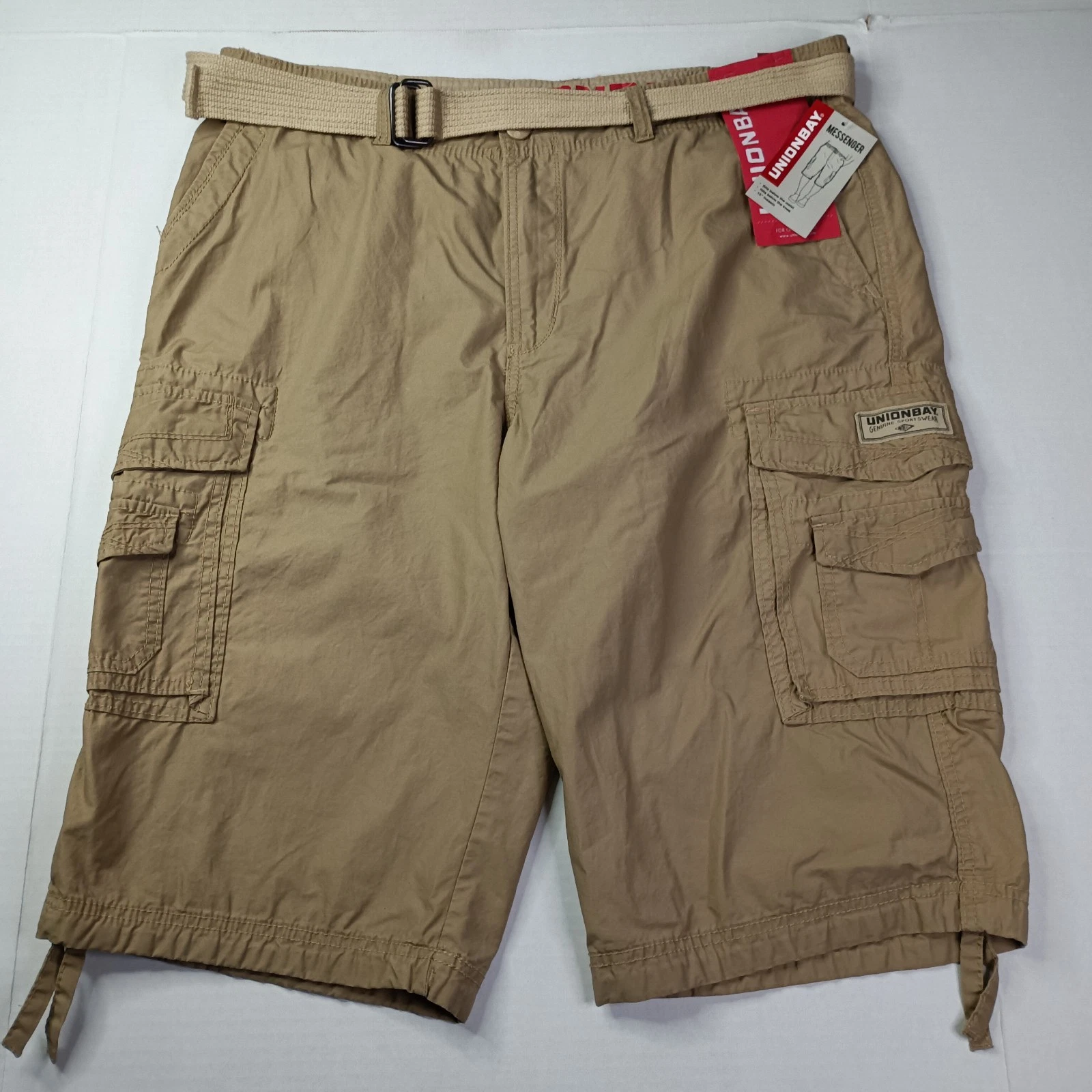 Unionbay Messenger Cargo Shorts Men's Size 38 Grain + Belt 15" Inseam Cotton