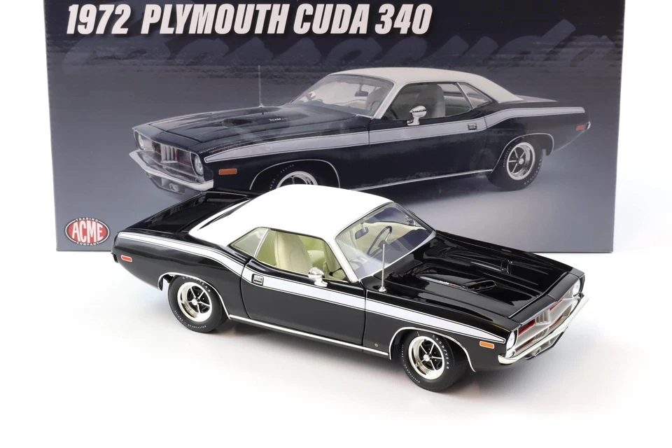 1:18 Acme 1972 Plymouth Cuda 340 Coupe Black with White Roof/Stripes - Image 2 of 4