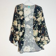 Farm Rio Kimono Top ONE SIZE Open Front Floral Stars Diamond Stitch Boho Fairy
