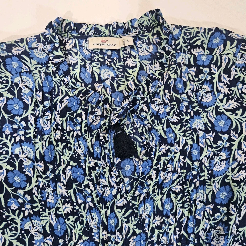Женская блузка Vineyard Vines большой зеленый синий цветочный узор кисточкой вырез прибрежный топ - Изображение 3 из 4