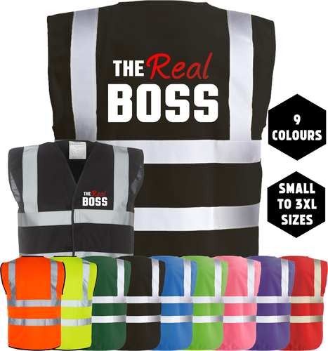 THE REAL BOSS Printed Funny Site Joke Gaffa Hi-Vis High Viz Safe Vest Waistcoat - Picture 2 of 18