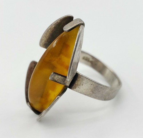 835 Silver Amber Ring Size 5 Baltic Geometric Modernist Sterling Womens Dome - Picture 7 of 12