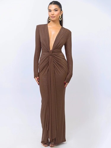 Mozision Glitter Deep V Neck Maxi Dress Sparkle Long Sleeve Ruched Party Dress - Picture 4 of 14