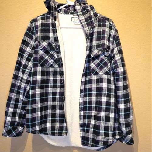Boston Traders Plaid Button Down Hooded Fleece Flannel Size Medium Purple Black - Bild 1 von 5