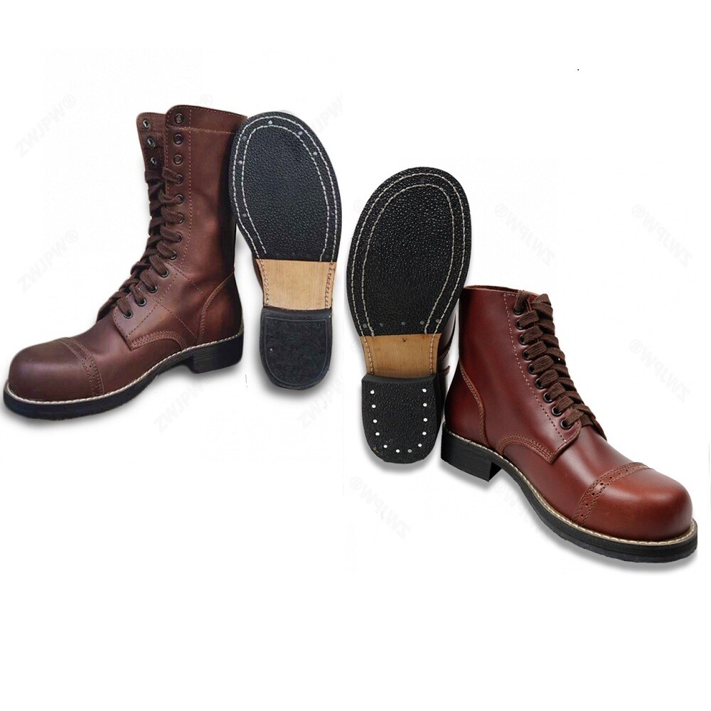 Men Brown Leather Boots WW2 US Army Airborne Paratrooper Military