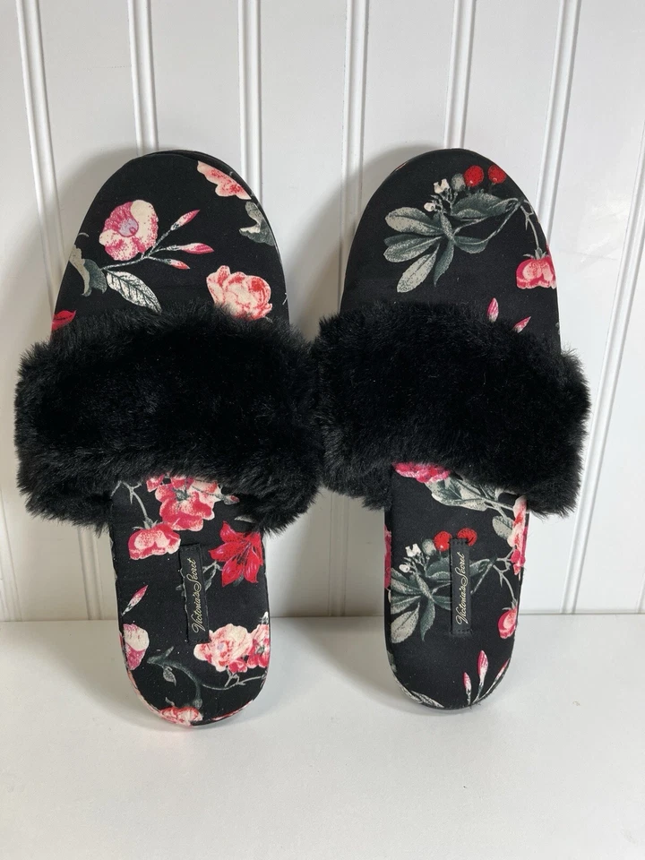 VICTORIA' SECRET Satin Black/Red Floral Bedroom Slippers SizeL 9-10 Faux FurTrim - Image 2 of 4