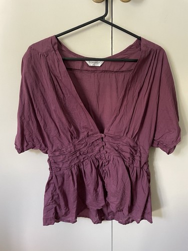 Topshop Cotton Blouse Top Size 12 Plum Purple Ruched Pleated Short Sleeve