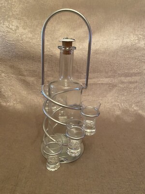 Schwedisch Skandinavisch MCM Glas Schnaps Karaffe + 6 Schnapsgläser Metallträger