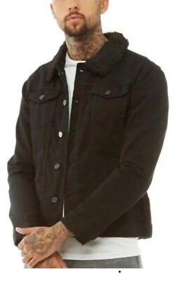 Brave Soul Wilbur Borg Collar Denim Jacket Black MENS Size UK