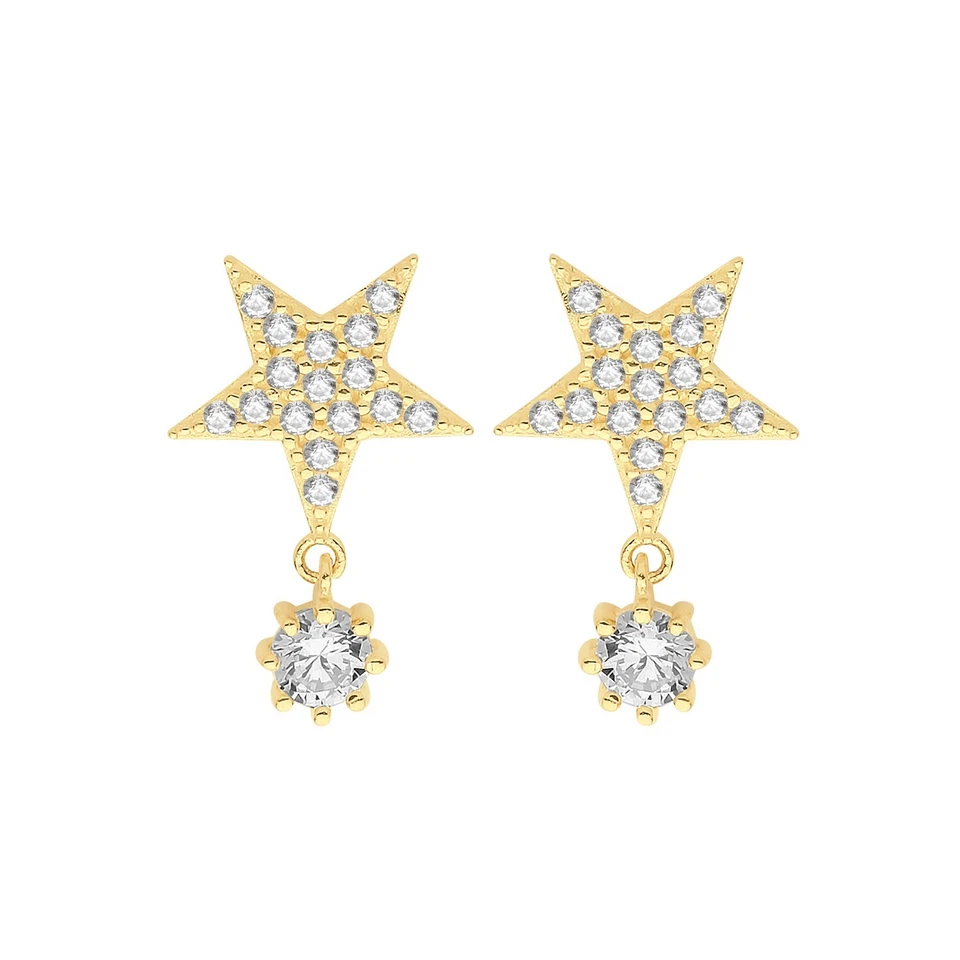 Pendientes colgantes estrella de 18 piedras de oro amarillo de 9 quilates 375 con sello nuevos en caja Foto 3 de 3