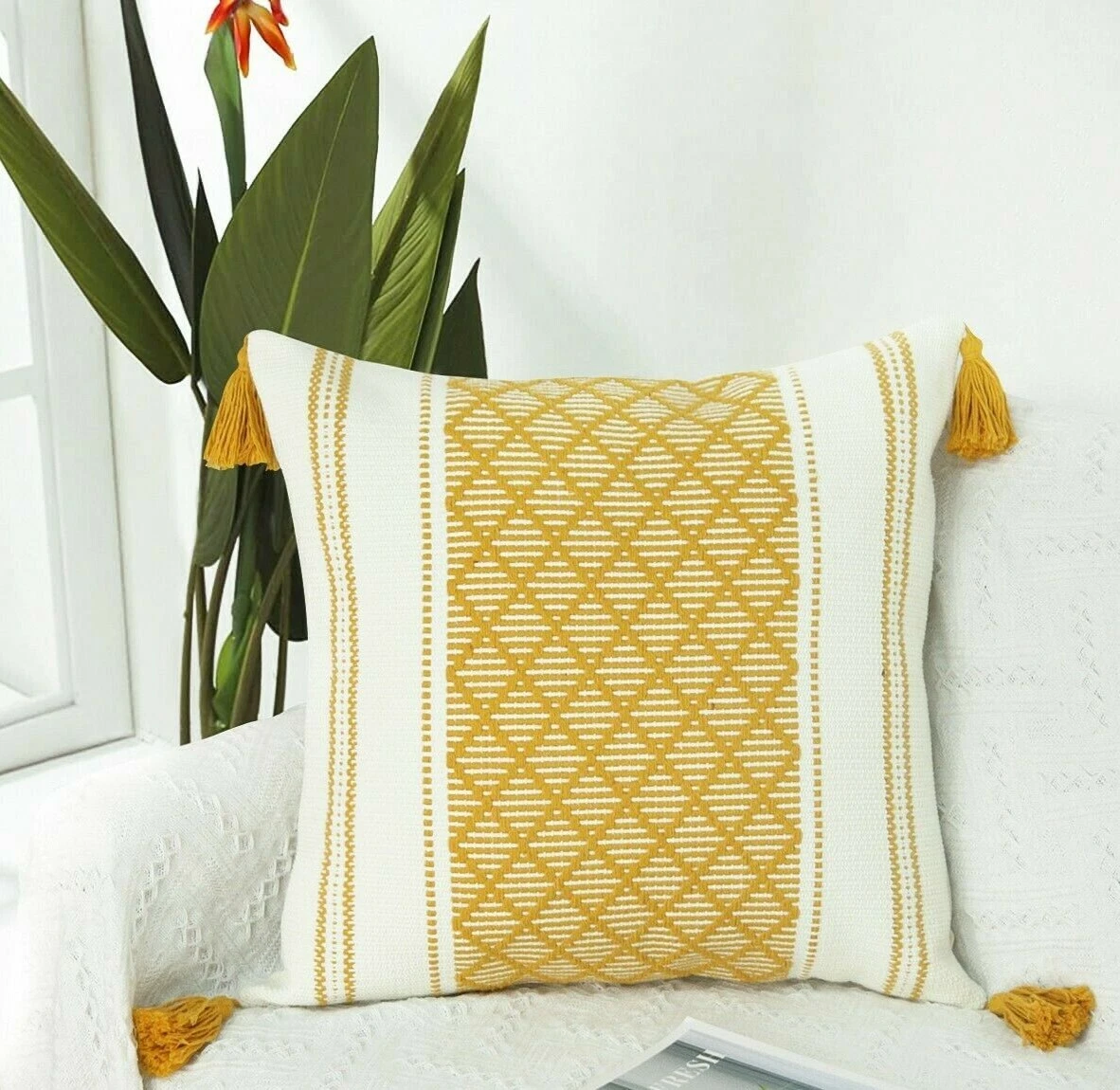 Decorative Pillow Cover with Tassels 18x18 Cream Mustard Yellow