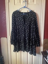 Free People NY Printed Black Beck Dress Flower Layered Mini Swing Dress Sz Small
