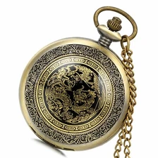 Vintage Steampunk Dragon Phoenix Quartz Pocket Watch Pendant Chain Necklace Gift