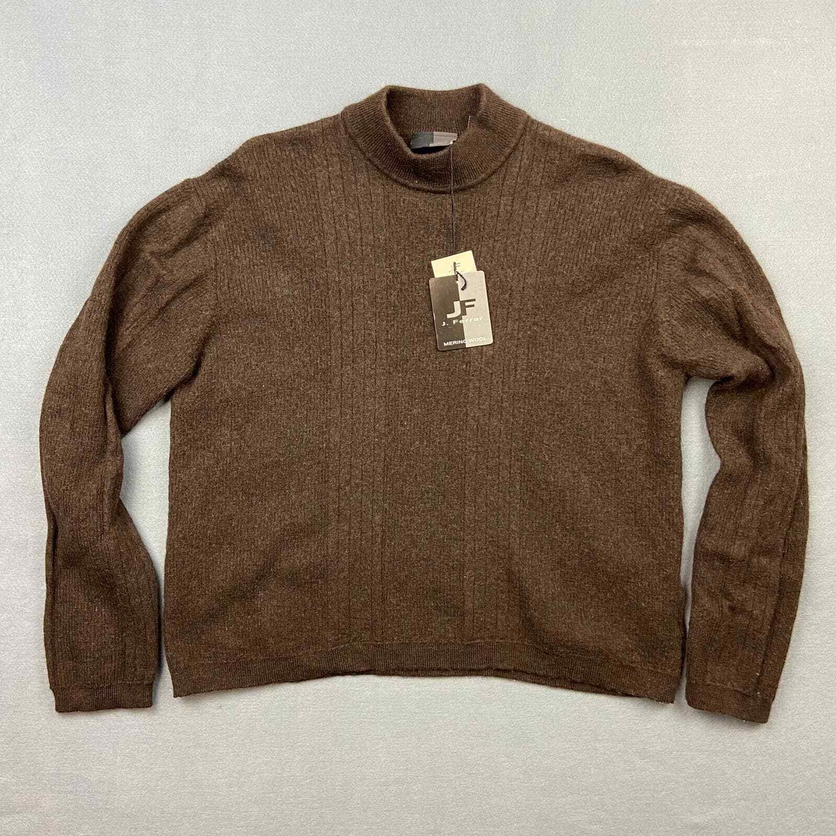 New Ferrar JF Mens 100% Merino Wool XL Mock Neck Sweater Washable Brown