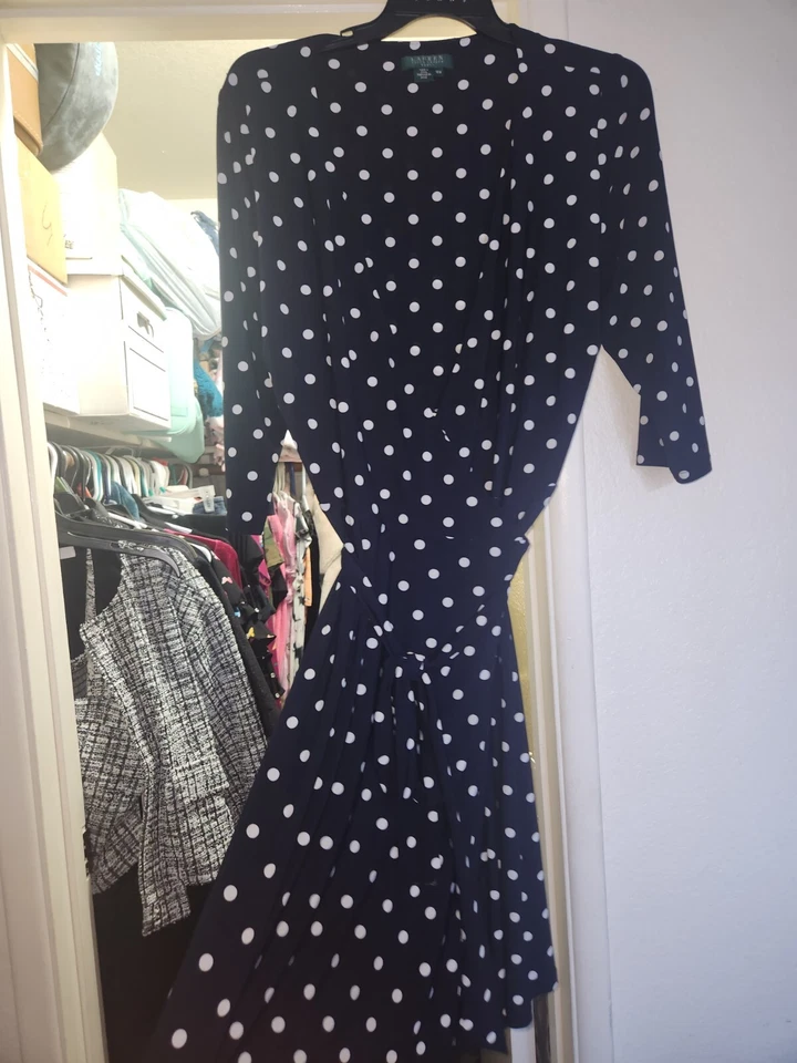 Lauren Ralph Lauren Dress Navy Polka Dot Wrap Long Sleeve Jersey SZ 16W - Image 2 of 4