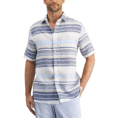 Club Room Mens Button Down Shirt Striped Print Navy Blue Combo Size Small - 第 1/4 張圖片