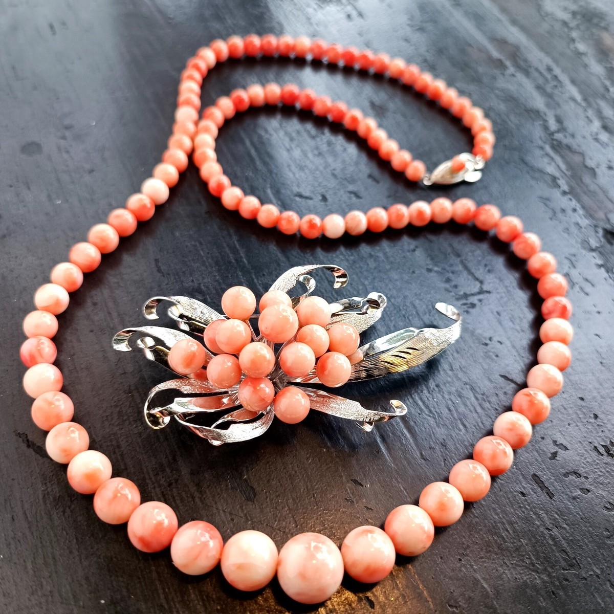 Natural Japanese Angel Skin Pink Coral Necklace 25 inch. & Brooch