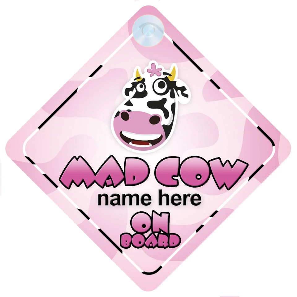 MYBABYONBOARD UK Mad Cow On Board Car Sign - Gift, Option to Personalise