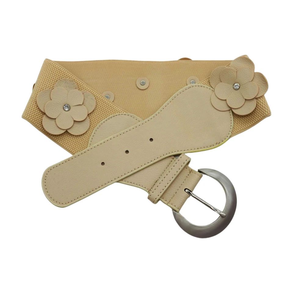 Mujeres Beige Cintura Elástica Ancho Moda Cinturón Cadera Cintura Alta Flores Talla S M Foto 3 de 4