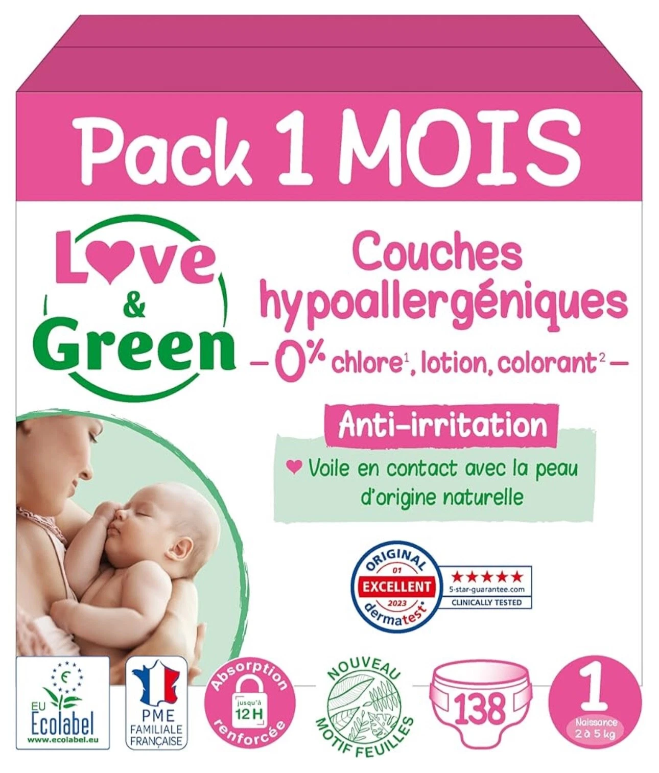 Love & Green - Healthy and Ecological Baby Diapers - Size 1 (2-5 kg) - 1 Month