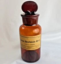 Vtg Dark Amber Brown Glass Apothecary Pharm Bottle Jar Stopper Merck Dispensing