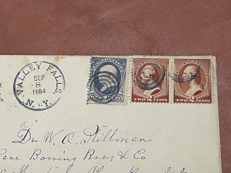 1884 VALLEY FALLS NY FANCY + LETTERS ! ENGLAND GB DR STILLMAN MEDICAL