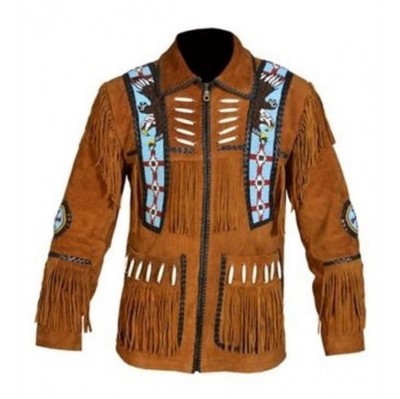 New Men Native American Western Cowboy Suede Leather Fringed & Beaded Jacket