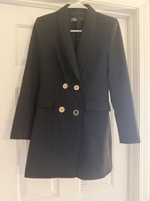 Zara Black Double Breasted Long Blazer/Jacket With Gold Buttons Size Small