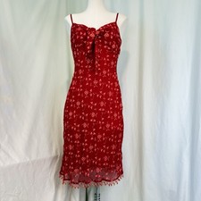 90s Betsey Johnson Red Floral Embroidered Silk Chiffon Dress With Twist Tie Bust