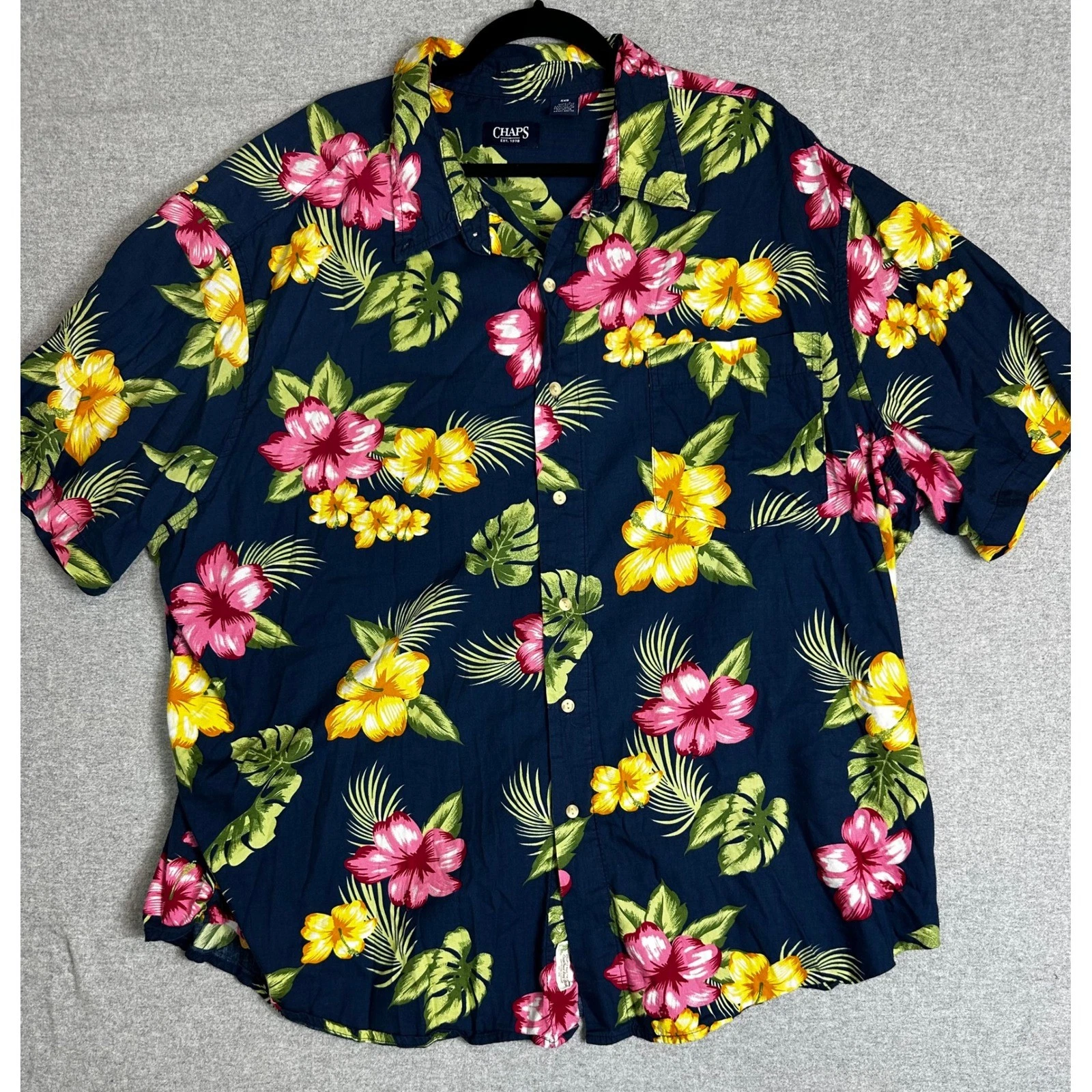 Chaps Hawaiian Shirt Mens 4XB Silk Modal Tropical Floral Hibiscus Navy Button