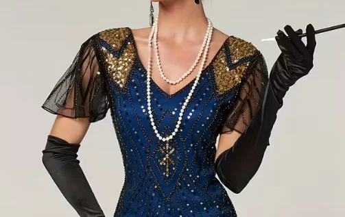 FLAPPER 1920s DRESS-Vintage Style Blue 1920s Flappe Dress - Sequined Tassel, LGE - Image 3 of 4