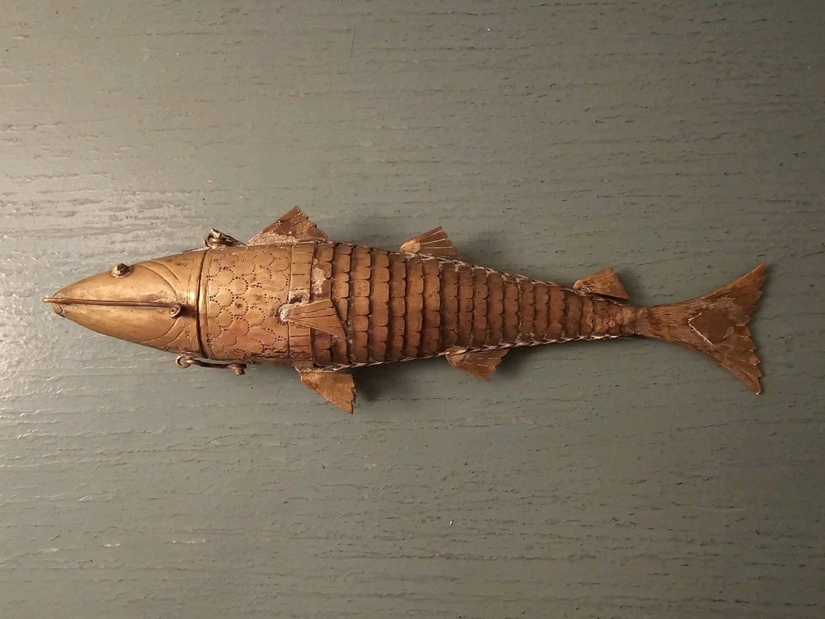 Antique Judaica Brass Articulating Fish Spice Box-Complete & Very Good