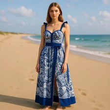 Blue Floral Print One Piece Swimsuit with Bow Tie Straps and warp. - Size Large