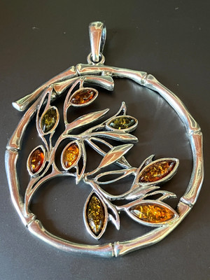 Large Sterling Silver Round Pendant with Multiple Baltic Amber Signed JS