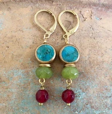Turquoise Sundance charm handmade gold edge earrings Artisan Jewelry