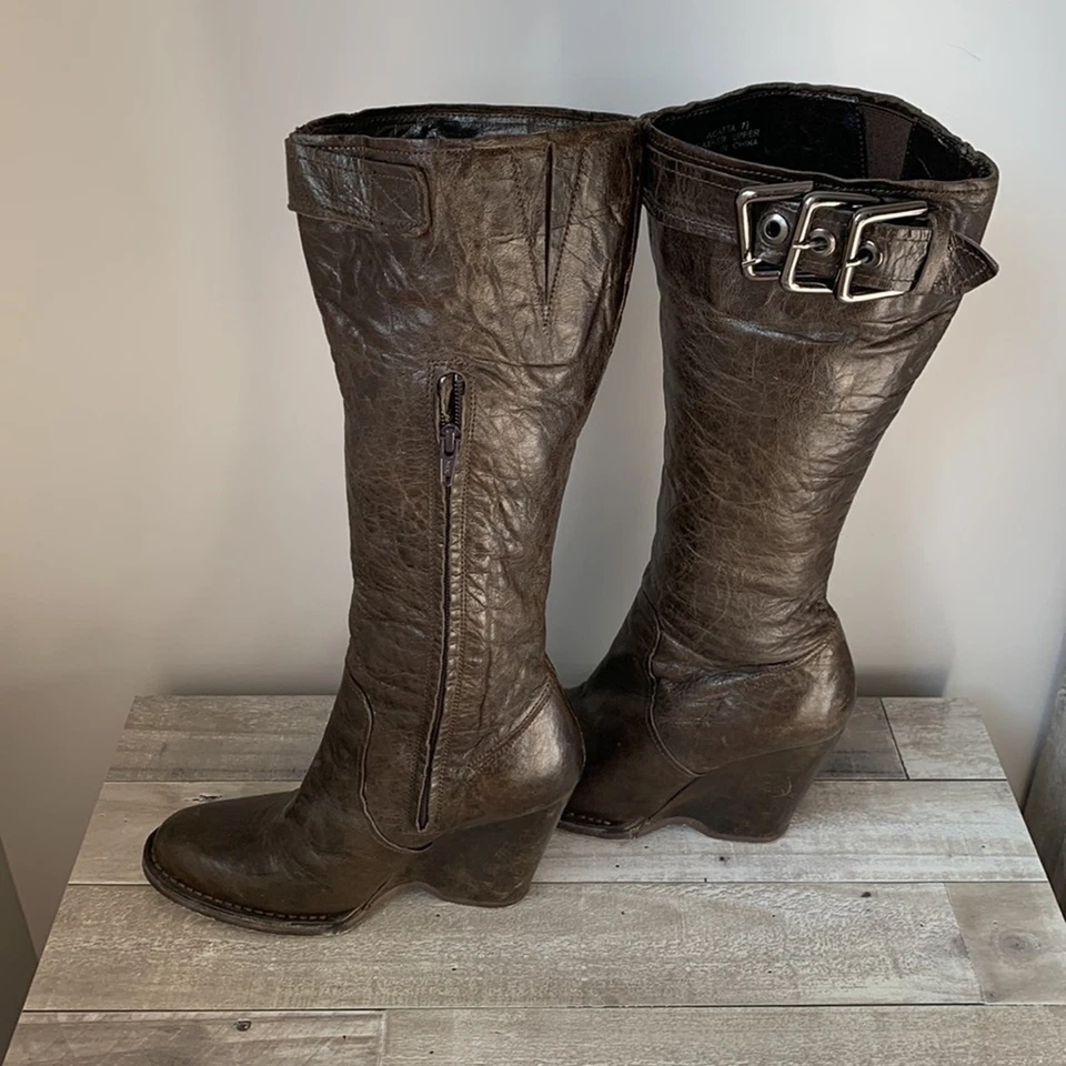 Botas de cuña Apepazza media pantorrilla marrón cuero tacón para mujer 7,5 Foto 2 de 4